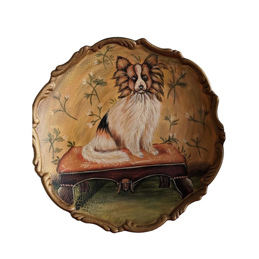 Decorative Papillon Collie dog plate by Carol Lew  black white tan 10" green tan
